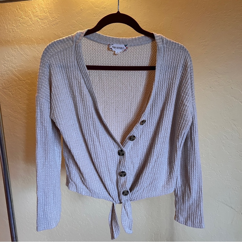 Lightweight Pink Republic Cream Tie-Front Cardigan with Buttons
